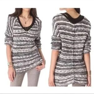 Free People Striped Songbird Sweater Boucle Knit V-Neck White Gray Size Small